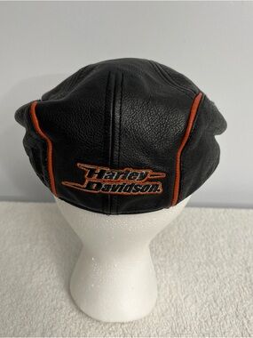 Harley Davidson Leather Newsboy Hat Flat Cap Embroidered Cabbie Size Medium